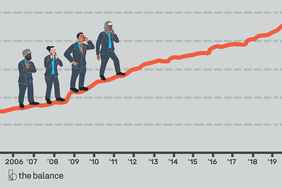 图片显示，四名身穿商务服装的多文化人士正在攀爬一个图表，显示赤字一直在增加。图表底部显示的是2006-2019年