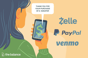 图为一名女子正在看她的手机，手机上有一个美元符号。有一个语音泡泡出来，上面写着“谢谢你买了一件毛衣。”旁边的文字是支付应用程序的名称，如zelle, paypal和venmo。