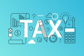 Tax word trendy composition banner. Outline stroke tax payments, financial law consulting, refund, business income report. infographic concept. Flat line icons vector header illustration.