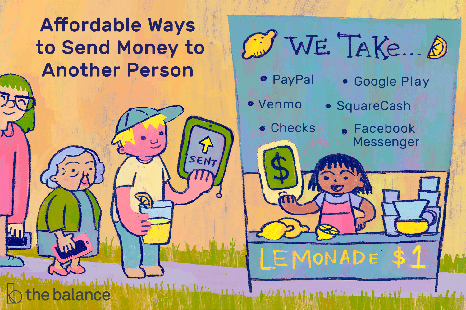 一张孩子们在柠檬水摊上的插图，代表了向另一个人汇款的实惠方式，包括“PayPal”、“Venmo”、“支票”、“谷歌Play”、“SquareCash”和“Facebook Messenger”。＂class=