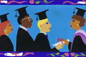 在这幅色彩斑斓的插图中，即将毕业的学生在获得文凭的过程中逐渐缩小了教育成就差距