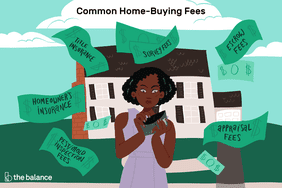 插图的女人计算购房费用。文本显示:“产权保险,调查费用,托管费用,鉴定费用,害虫/模具检验费用,房屋保险。”