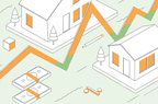 白色、绿色和橙色的房屋插图、美元钞票和折线图