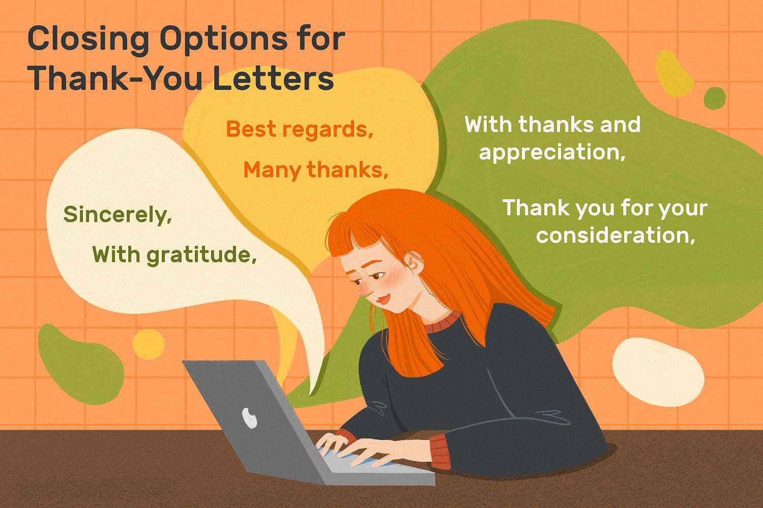 这张图提供了感谢信的结尾选项，包括“真诚的”，“感谢”，“最好的问候”，“非常感谢”，“感谢和欣赏”，以及“感谢您的考虑”。