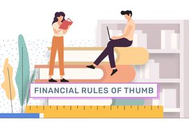 图形显示两人的堆栈的书用尺子和铅笔。这句话”financial rules of thumb