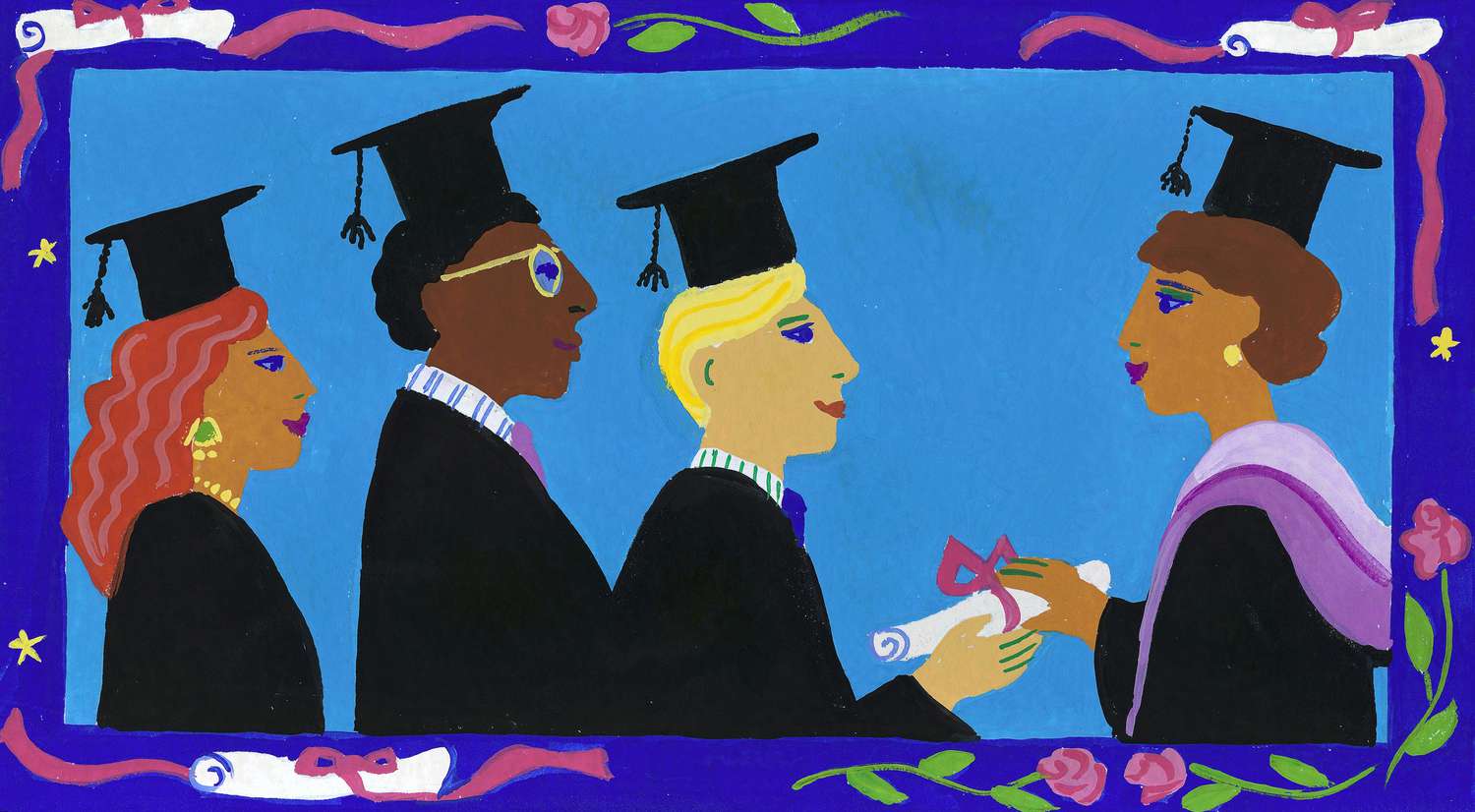 在这幅色彩斑斓的插图中，即将毕业的学生在获得文凭的过程中逐渐缩小了教育成就差距＂class=