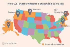 自定义插图显示了美国地图，解释了美国5个没有全州销售税的州是阿拉斯加、俄勒冈、蒙大拿州、新罕布什尔州和特拉华州