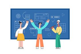 Illustration of accountants drawing charts on a board representing the small business accounting cycle.