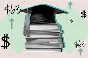 图形与教科书堆栈和毕业帽周围的数字63美元，向上箭头，和美元符号