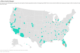 这张美国地图显示了租房比买房更便宜的地方