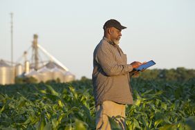 农民在农田中使用数字平板电脑