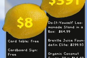 幽默漫画的经济成本的柠檬水摊贩显示低端使用纸板招牌和牌桌或昂贵。