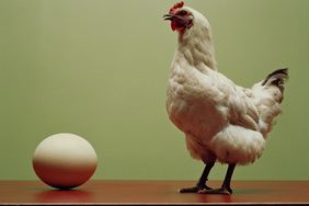 鸡站在桌子上的大鸡蛋