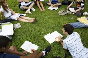 一群大学生在外面的草地上学习