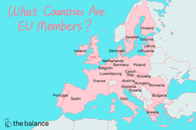 粉红色的欧盟成员国的欧洲地图。上面写着:“哪些国家是欧盟成员国?