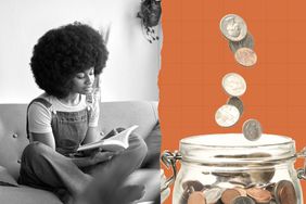 一个女人坐在左边和读一本书。右边的资金流入一个罐子。