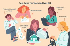图中显示的五位女性分别担任以下角色:个人财务顾问、技术作家;房地产经纪人;注册护士;巴士司机。文字上写着:“50岁以上女性的最佳工作”