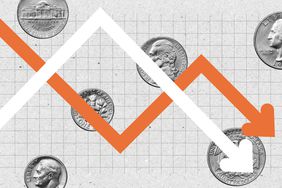 An illustration shows downward sloping arrows set over a sheet of graph paper and several U.S. coins, including nickels, dimes, and quarters.