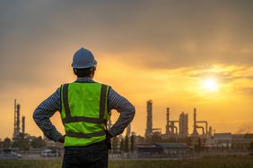 亚洲工程师在石油和天然气炼油厂或石化工厂工地，工业概念。