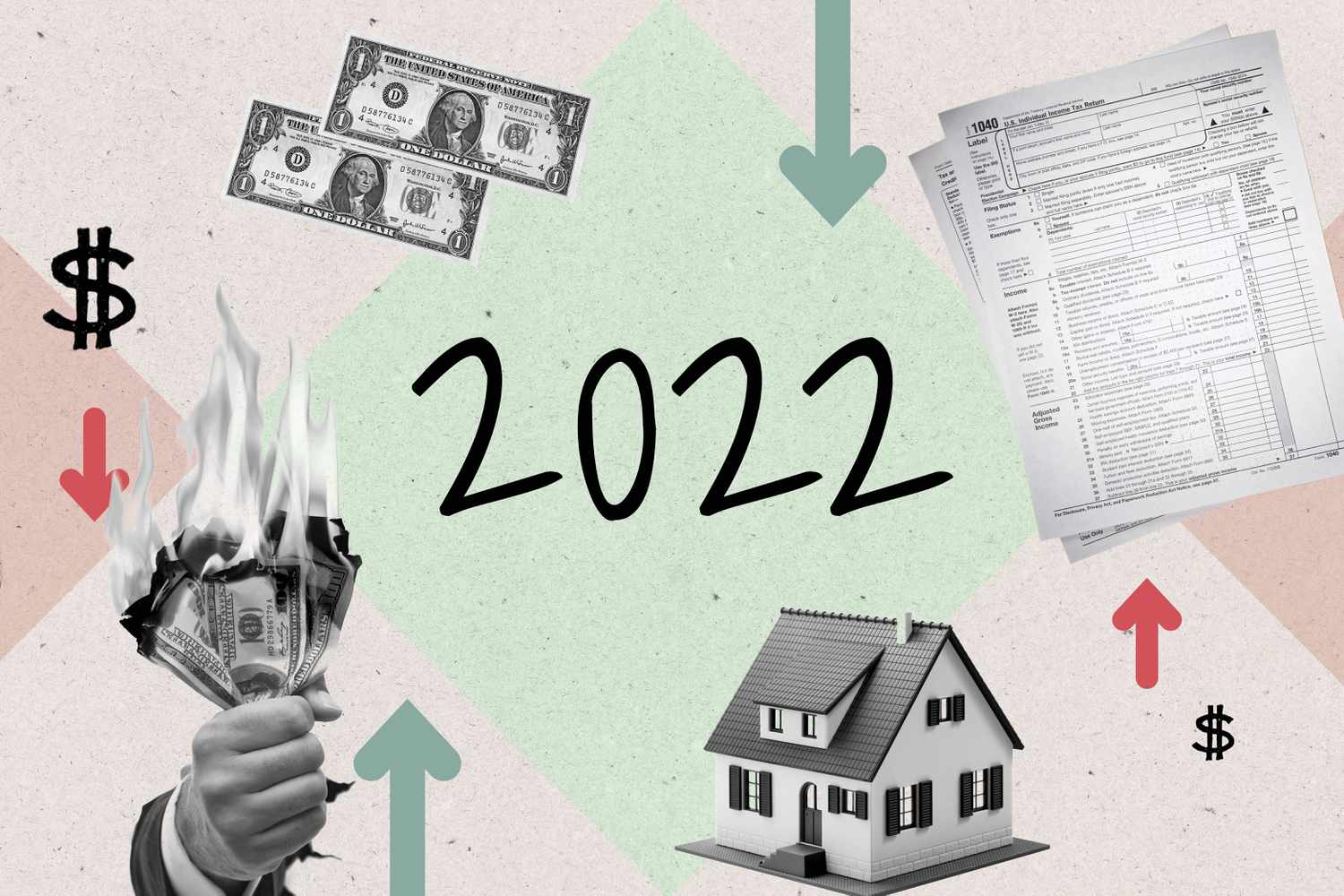 一张插图显示了一把燃烧着的现金、一所房子、一叠报税文件和几张美元钞票。