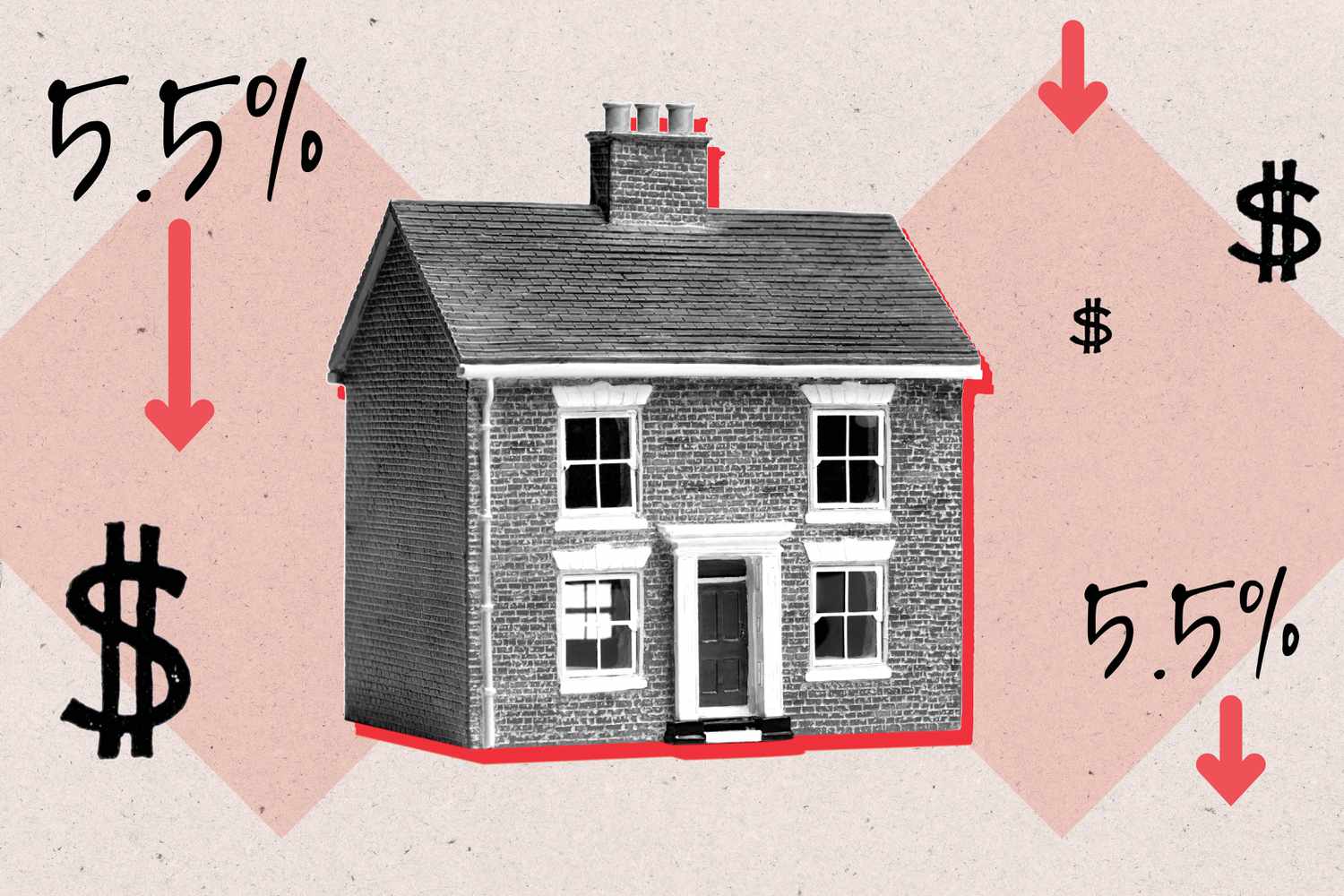 房子周围是向下的箭头、金钱标志和5.5%。＂class=