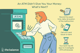 图为一名愤怒的女子用拳头猛击ATM机。文字是这样写的:“自动取款机没有给你钱:接下来会发生什么?准确记录故障发生的时间、日期和位置。打电话给你的发卡机构或银行。你的银行有45天的时间来调查ATM提款行为。”
