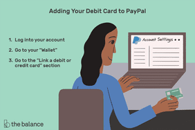 图为一名女子拿着信用卡在她的电脑前使用paypal。上面写着:“将您的借记卡添加到paypal:登录您的账户;打开你的“钱包”;转到‘链接借记卡或信用卡’部分。”