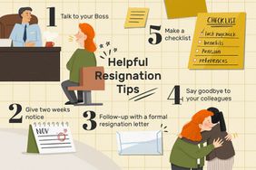 这张插图展示了一些有用的辞职技巧，包括“和老板谈谈”、“提前两周通知”、“跟进之前的辞职信”、“和同事说再见”和“制作清单”。