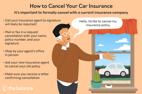 如何取消汽车保险:向现有的保险公司正式取消汽车保险是很重要的。打电话给你的保险代理人(可能需要签名)。邮寄或传真申请取消，并注明您的姓名、保单号码和签名。亲自去一趟你经纪人的办公室。让你的新保险代理人取消你的旧保单。一定要收到确认取消的信。