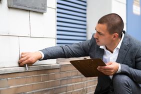 一名男子拿着写字板检查一所房子的壁板。