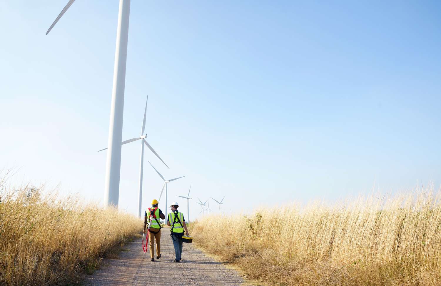 两名工人沿着一排涡轮机风车走在一条土路上。