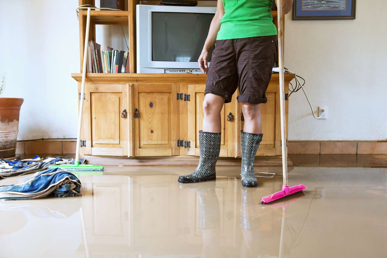 一个穿着短裤和胶靴的女人站在客厅里，用拖把和湿毛巾擦地板上的洪水。
