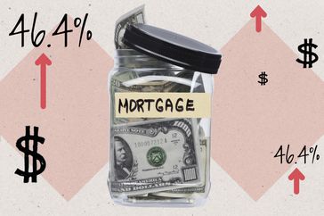 一个装有钱的罐子被标记为“抵押贷款”。在背景中，箭头指向数字“46.4%”。