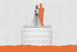 婚礼蛋糕的插图，上面有一个新娘娃娃