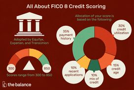 所有关于FICO信用评分8:采用Equifax, Experian,和TransUnion分数范围从300年到850年分配你的分数是基于以下几点:35%付款历史30%信用利用率15% 10%最近申请10%的信贷信用时代”width=