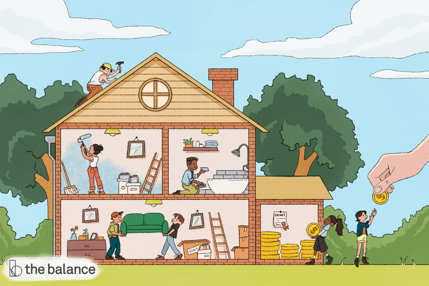 自定义插图显示了一个没有正面的卡通房子，这样你就可以看到每个房间的内部。每个房间都有人在做改动，屋顶上还有人拿着锤子。
