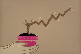 插图的人手里拿着锅含有植物生长在一个投资的形状图。