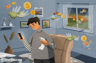 图为一个男孩在他的卧室里拿着收据，在iphone上计算费用，而美元和硬币漂浮在他的头上。