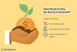 定制的插图展示了一组手拿着一枚印有美元符号的大硬币，上面正在发芽的植物要支付(或赚取)多少利息。事实包括利率，贷款金额，以及偿还所需的时间